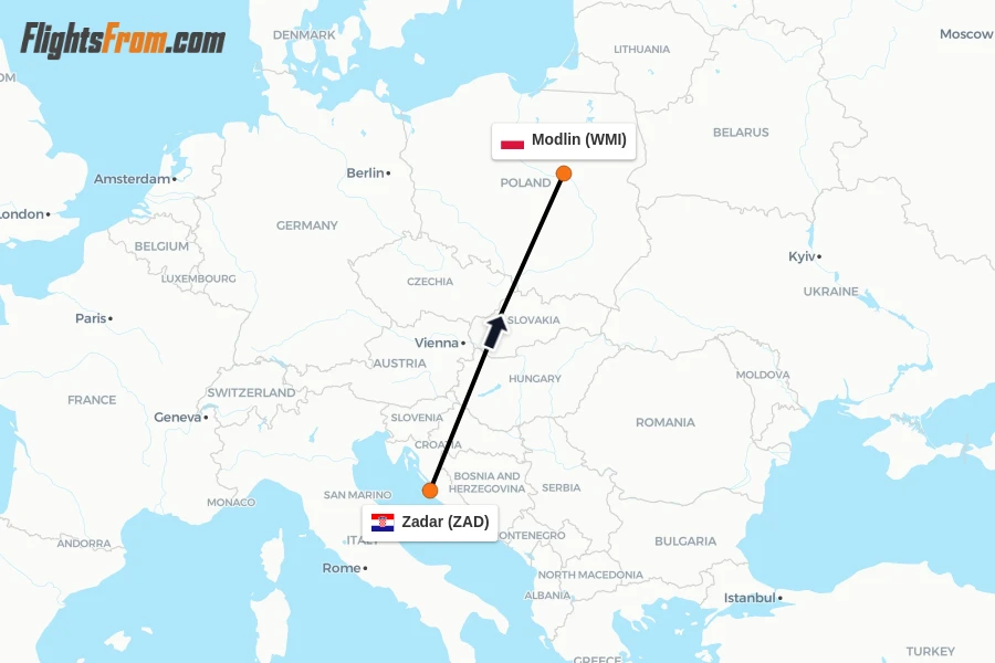 Flights from Zadar to Modlin route map