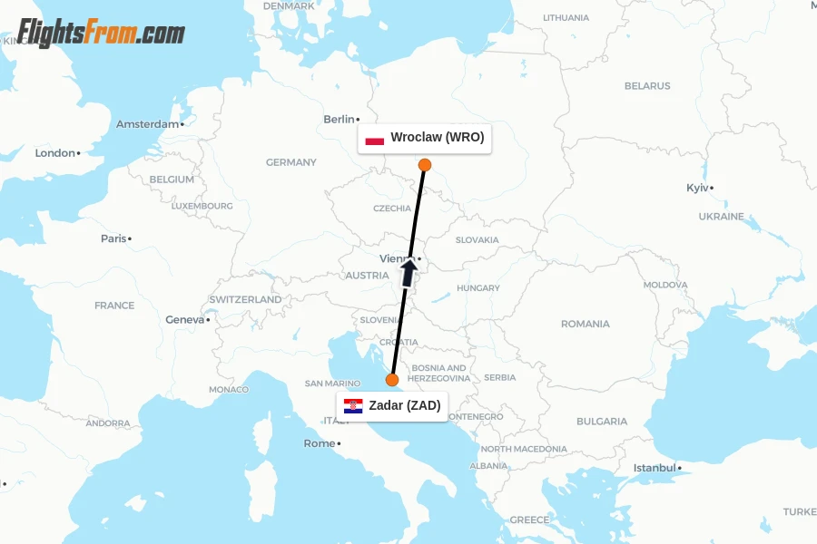 Flights from Zadar to Wroclaw route map