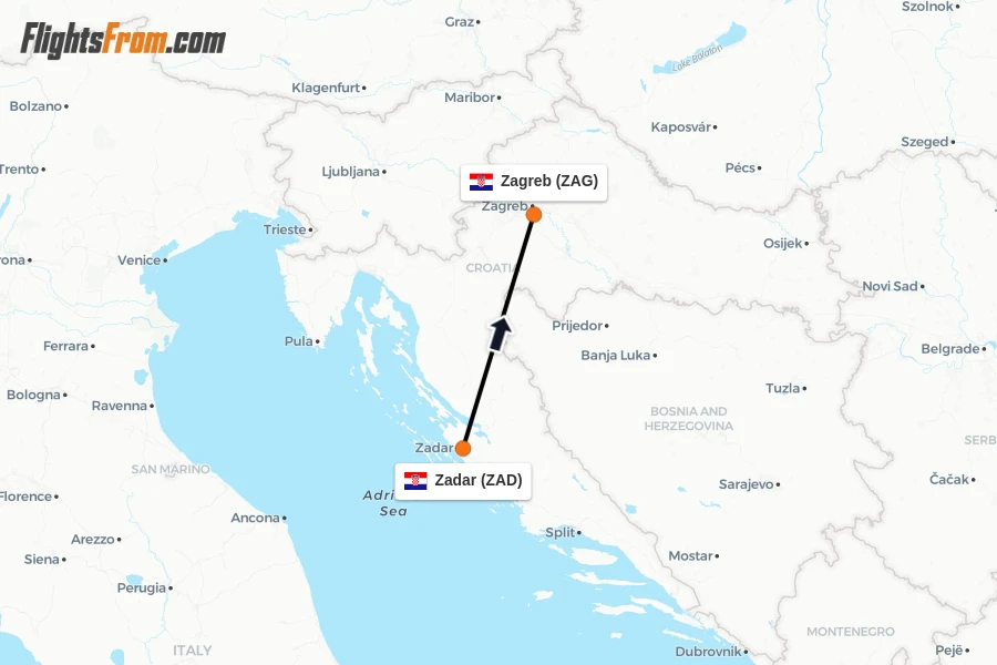 Flights from Zadar to Zagreb route map