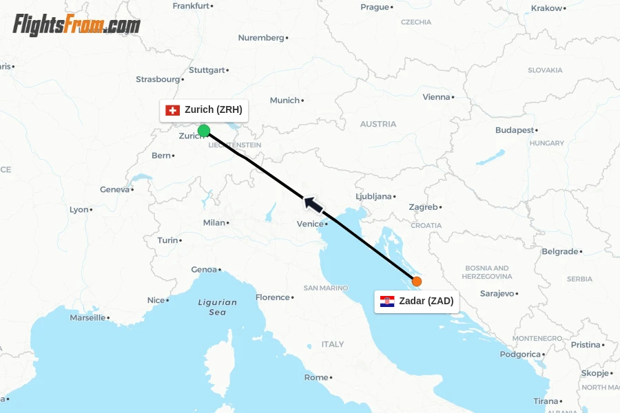 Flights from Zadar to Zurich route map