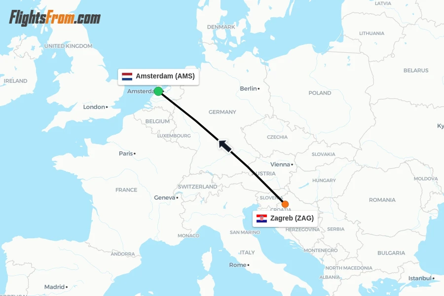 Flights from Zagreb to Amsterdam route map