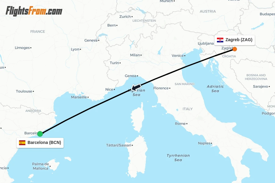 Flights from Zagreb to Barcelona route map