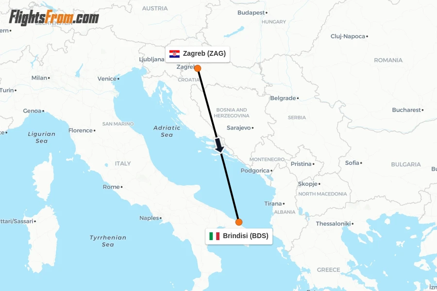 Flights from Zagreb to Brindisi route map