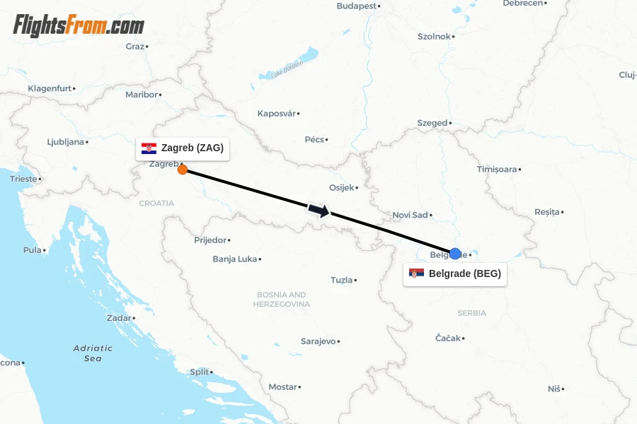 Flights from Zagreb to Belgrade route map