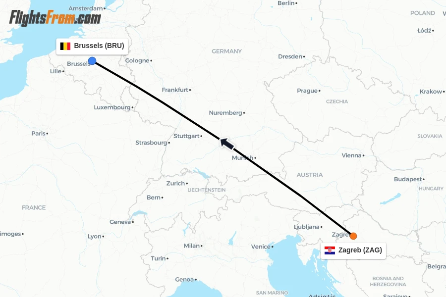 Flights from Zagreb to Brussels route map