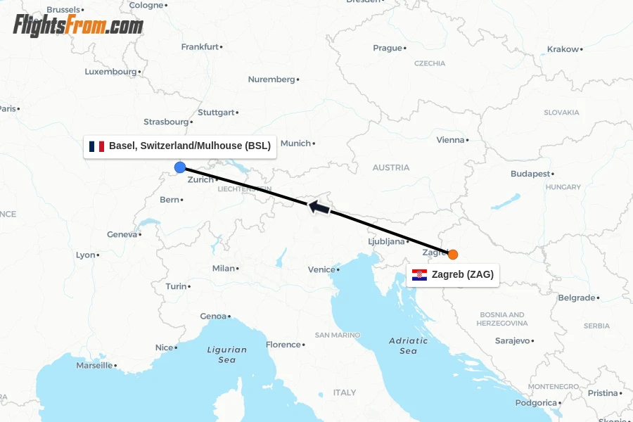 Flights from Zagreb to Basel, Switzerland/Mulhouse route map