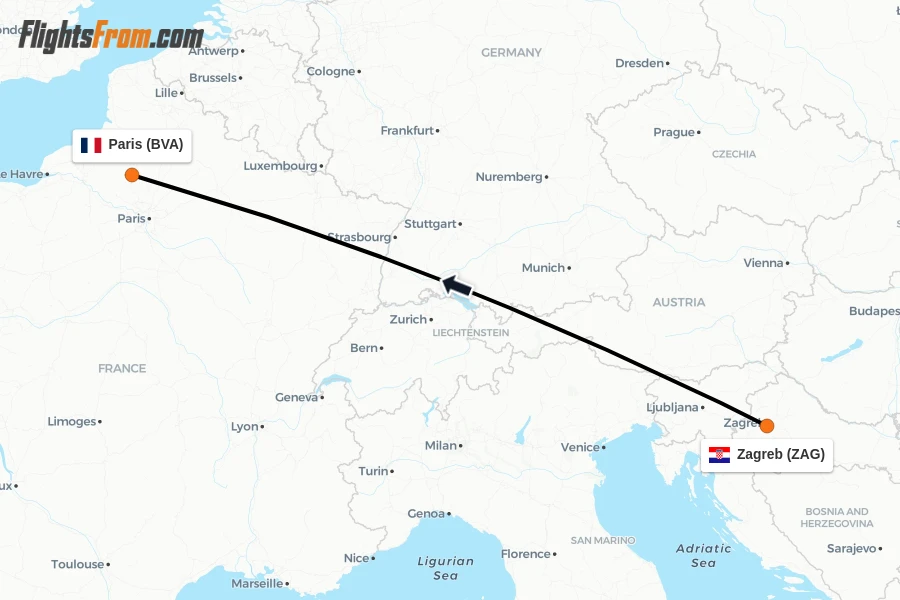 Flights from Zagreb to Paris route map