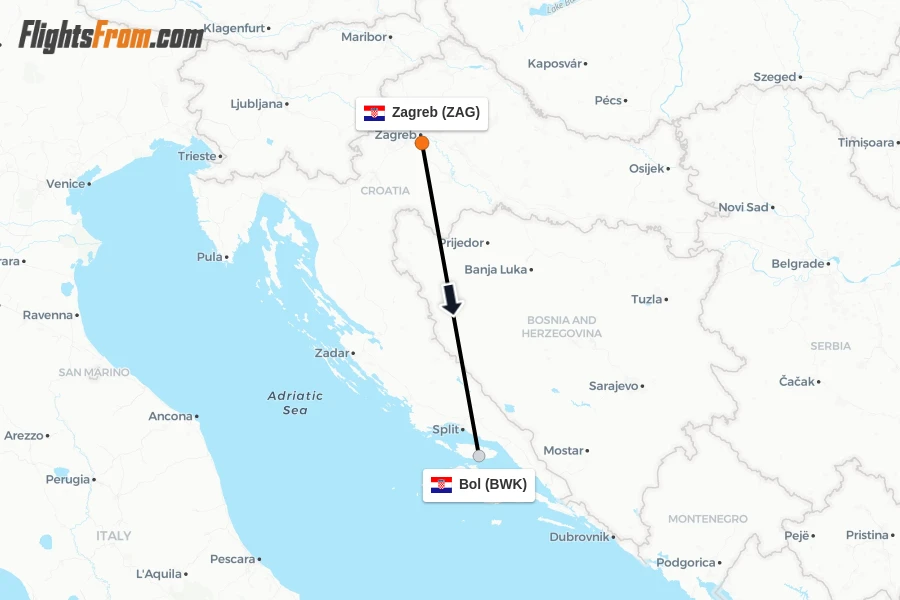 Flights from Zagreb to Bol route map