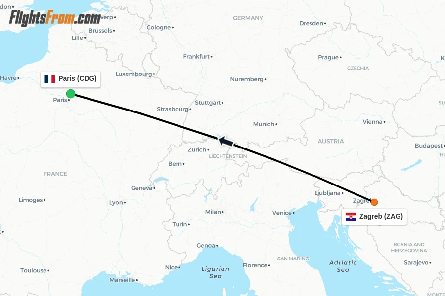 Flights from Zagreb to Paris route map