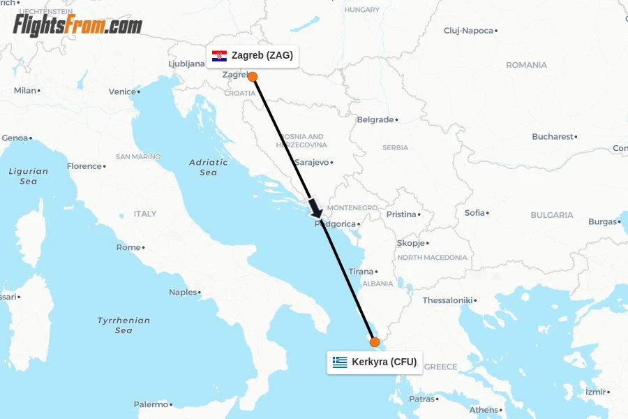 Flights from Zagreb to Kerkyra route map