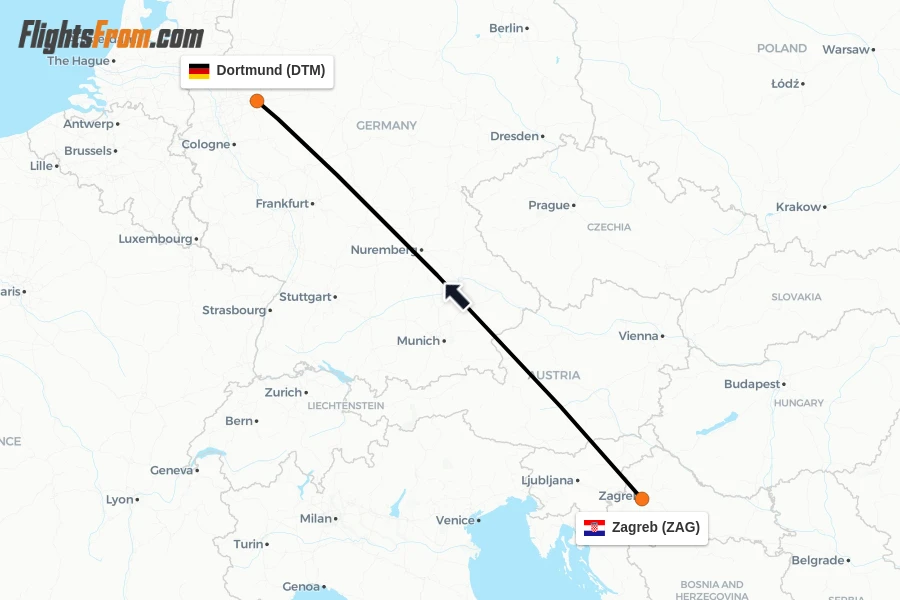 Flights from Zagreb to Dortmund route map