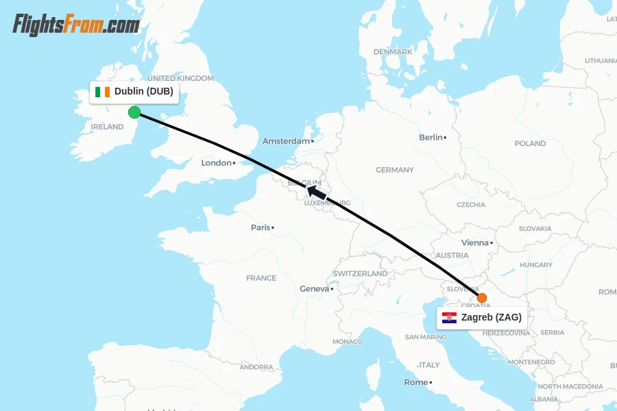 Flights from Zagreb to Dublin route map