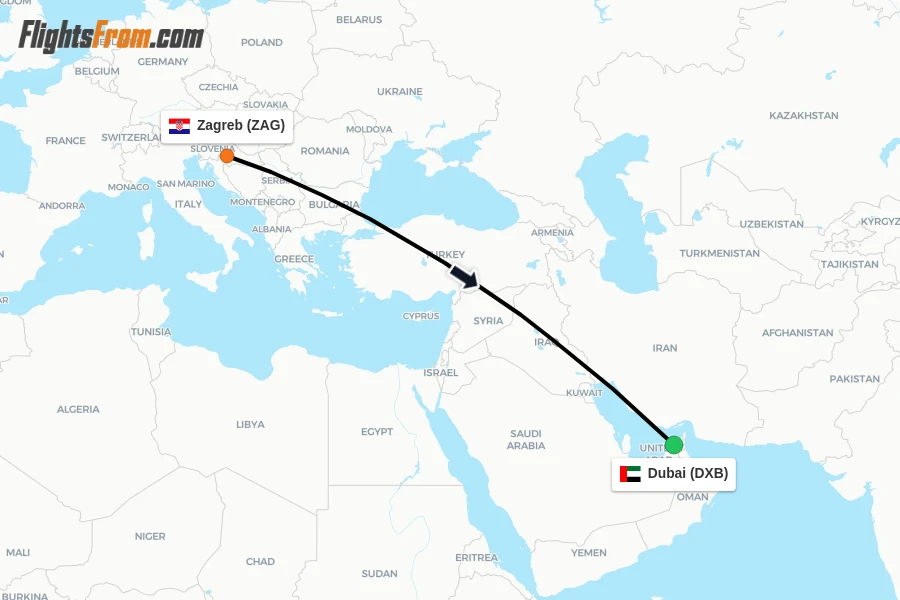 Flights from Zagreb to Dubai route map