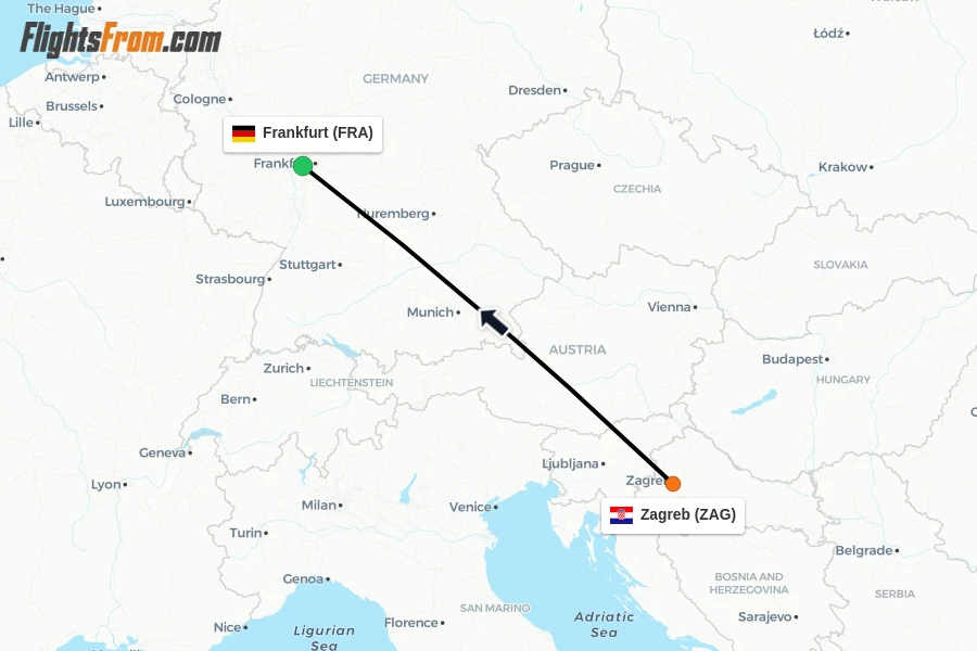 Flights from Zagreb to Frankfurt route map