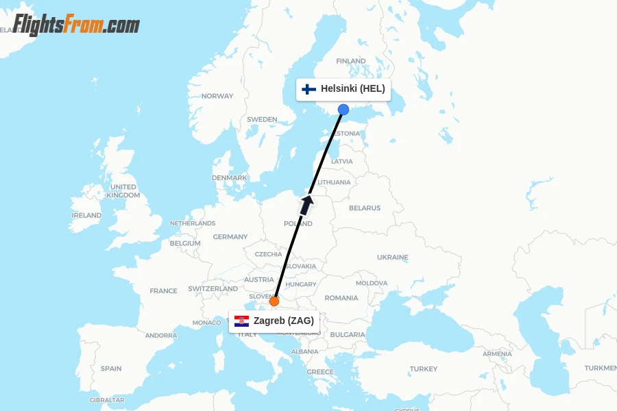 Flights from Zagreb to Helsinki route map