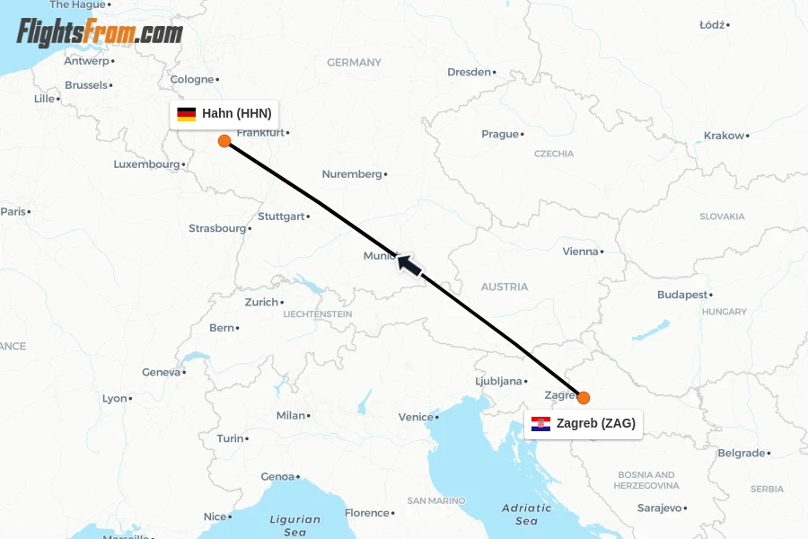 Flights from Zagreb to Hahn route map