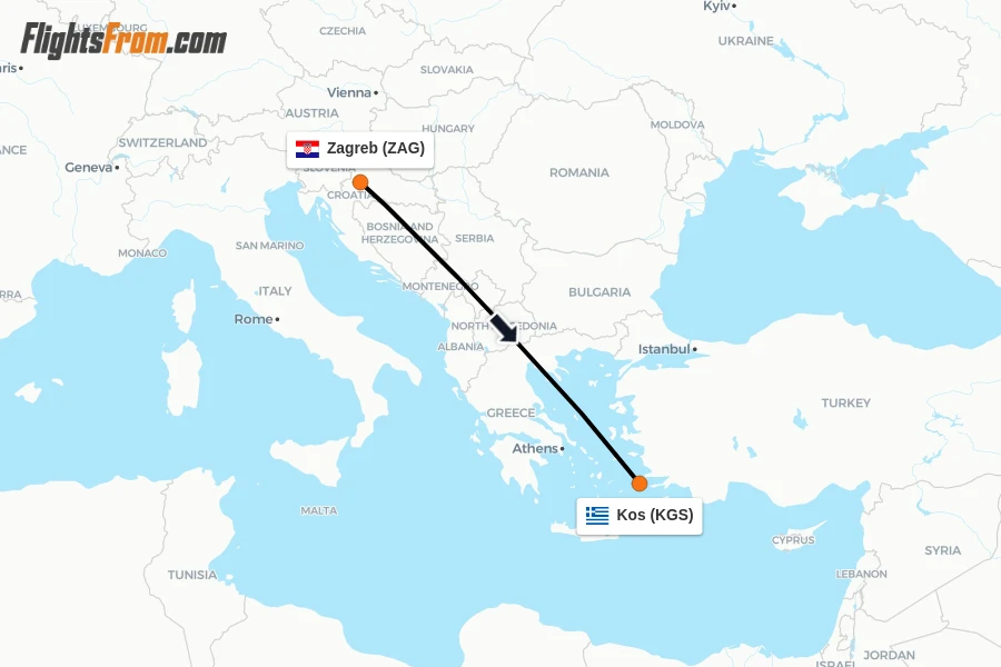 Flights from Zagreb to Kos route map
