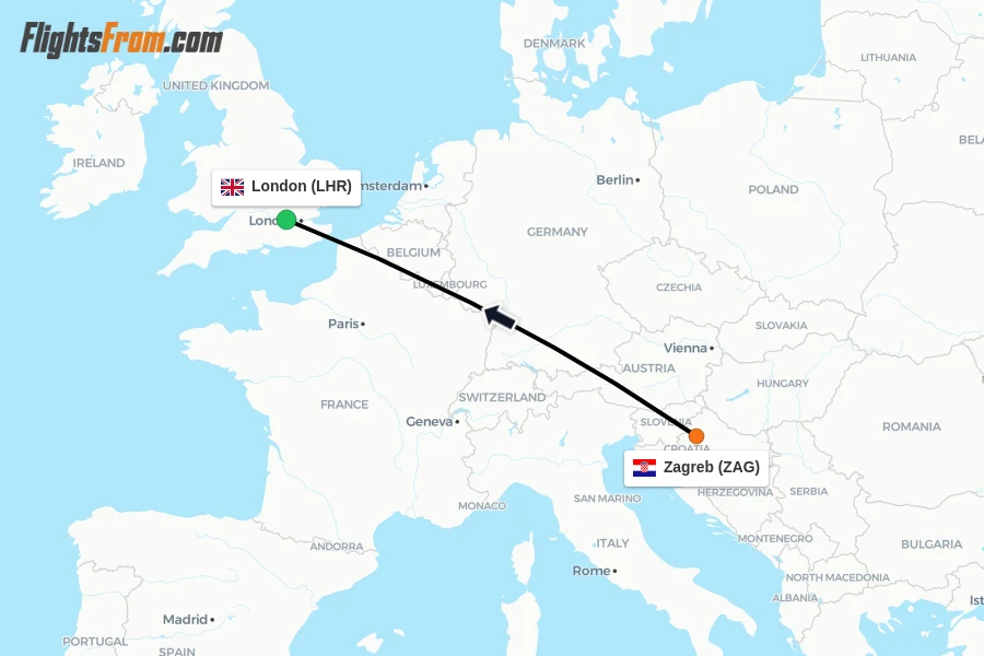 Flights from Zagreb to London route map
