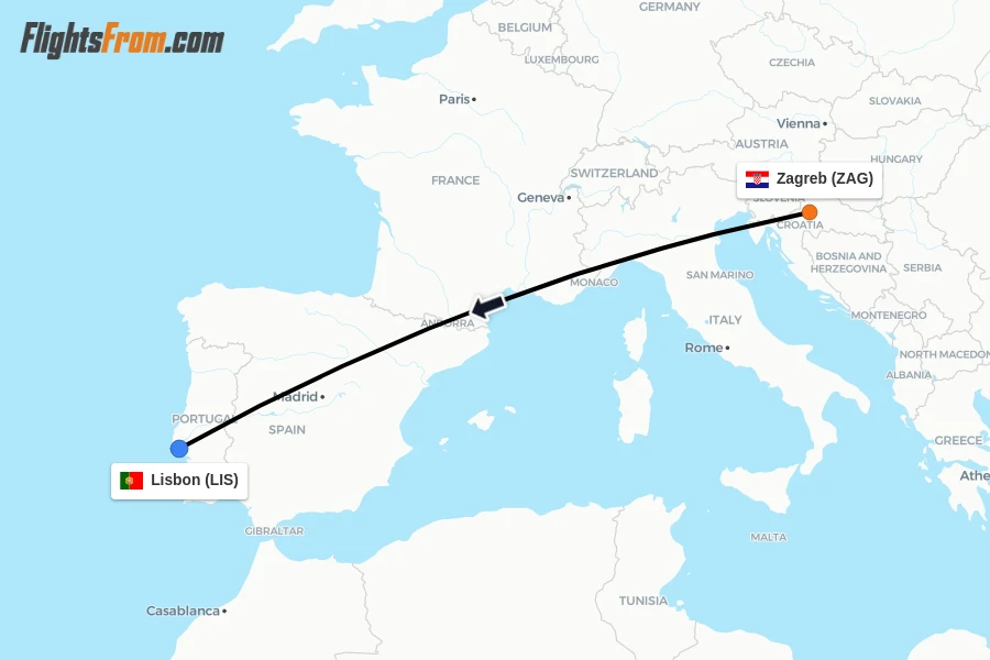 Flights from Zagreb to Lisbon route map