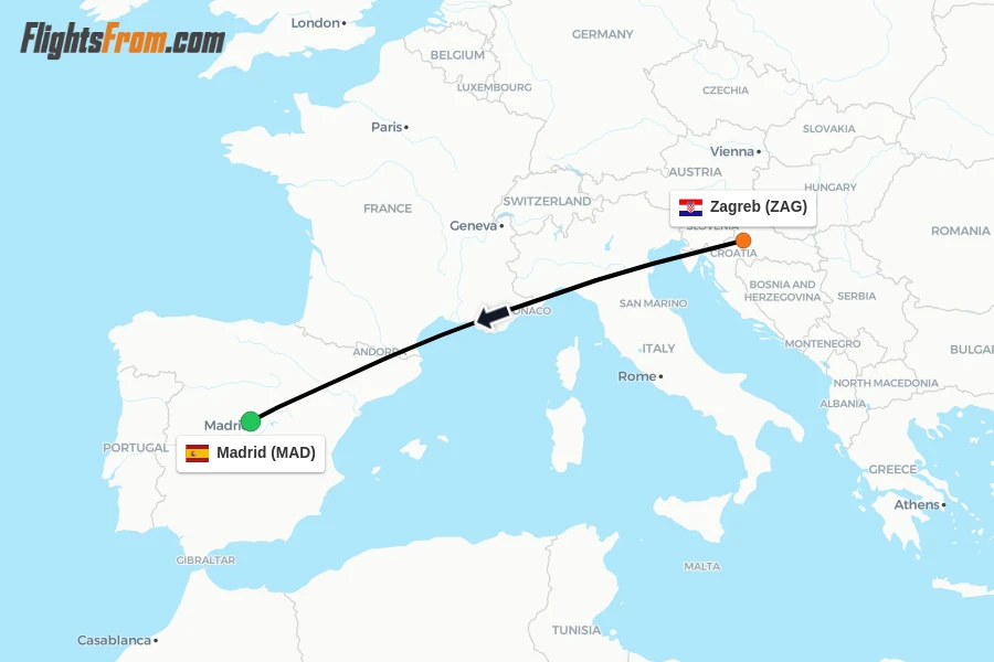 Flights from Zagreb to Madrid route map