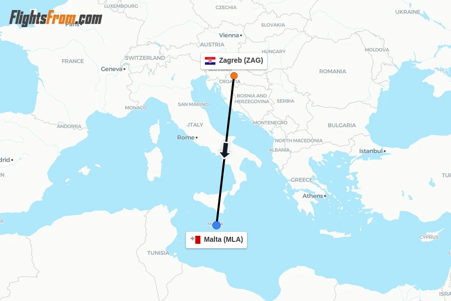 Flights from Zagreb to Malta route map