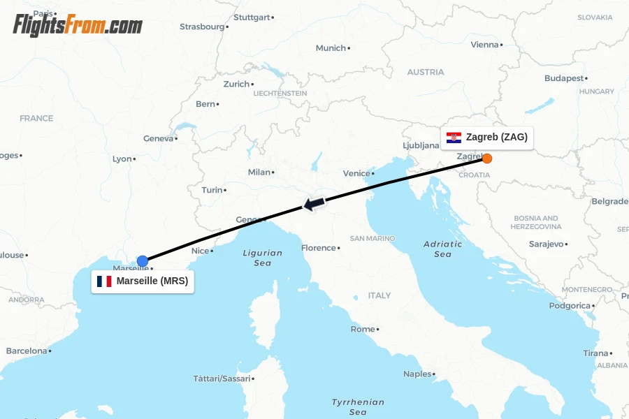 Flights from Zagreb to Marseille route map
