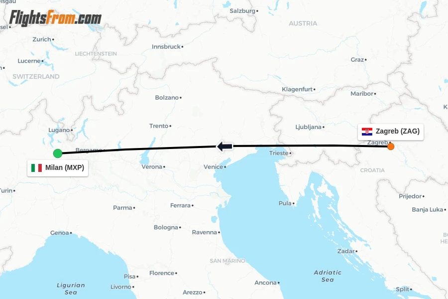 Flights from Zagreb to Milan route map