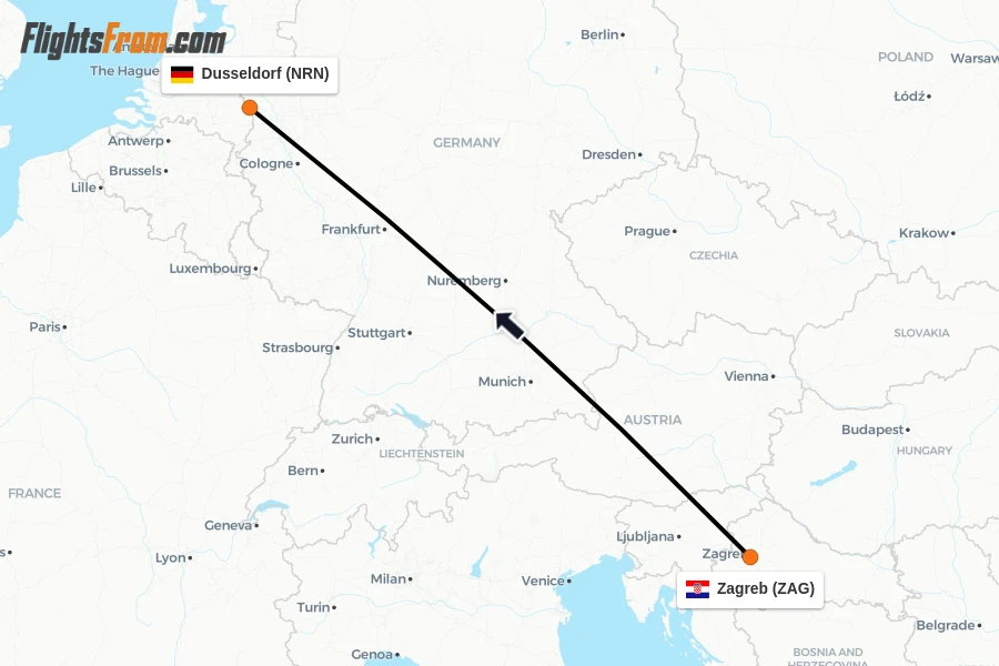 Flights from Zagreb to Dusseldorf route map
