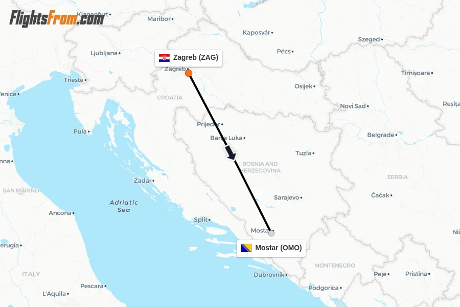 Flights from Zagreb to Mostar route map