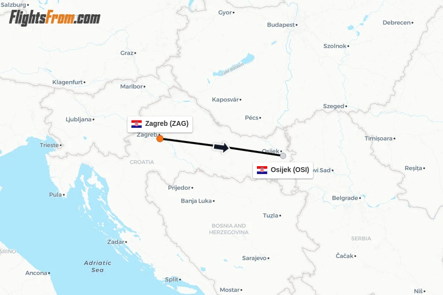 Flights from Zagreb to Osijek route map
