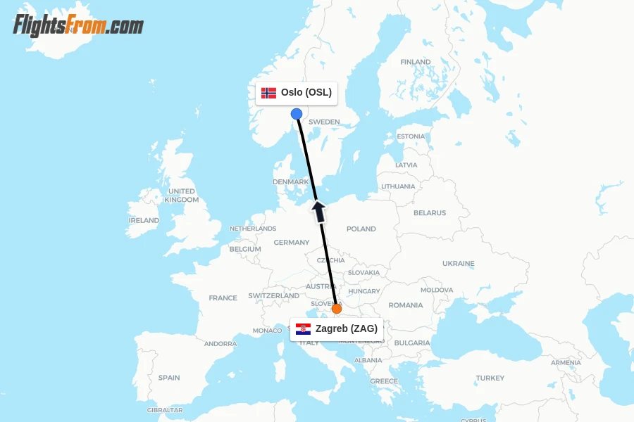 Flights from Zagreb to Oslo route map
