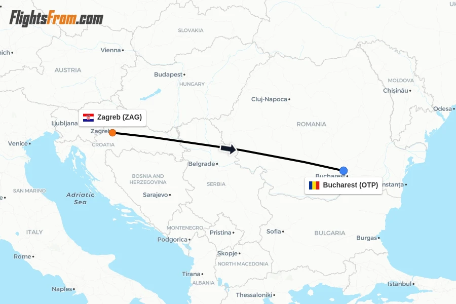 Flights from Zagreb to Bucharest route map