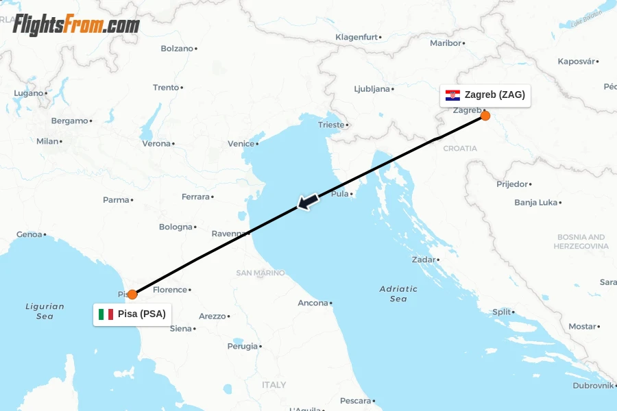 Flights from Zagreb to Pisa route map