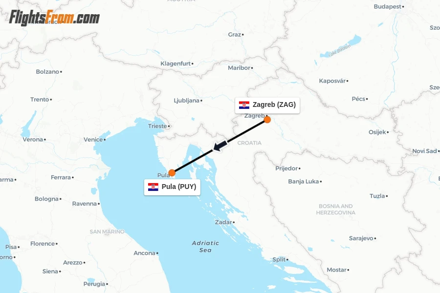 Flights from Zagreb to Pula route map