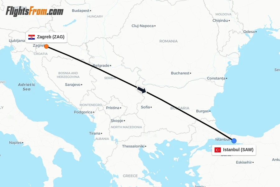 Flights from Zagreb to Istanbul route map