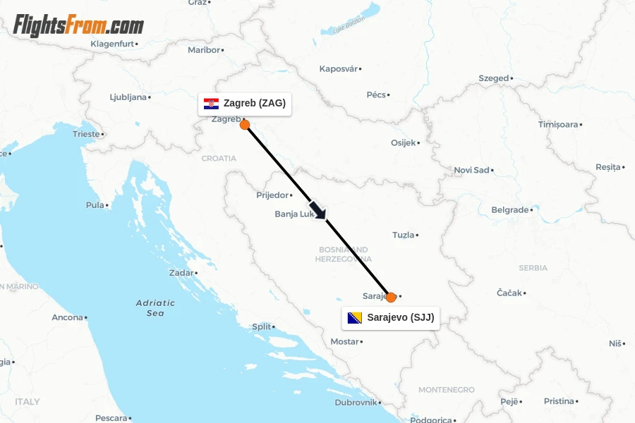 Flights from Zagreb to Sarajevo route map