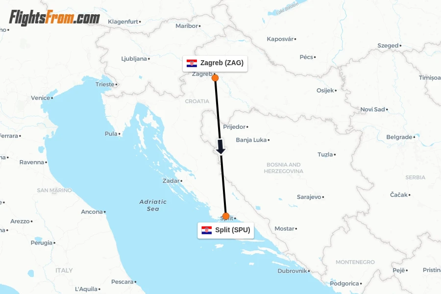 Flights from Zagreb to Split route map