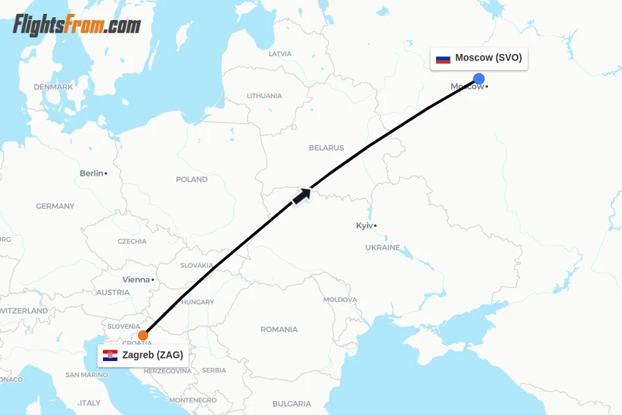 Flights from Zagreb to Moscow route map
