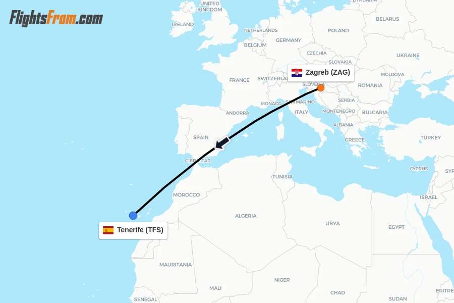 Flights from Zagreb to Tenerife route map