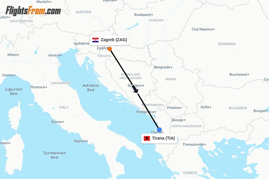 Flights from Zagreb to Tirana route map