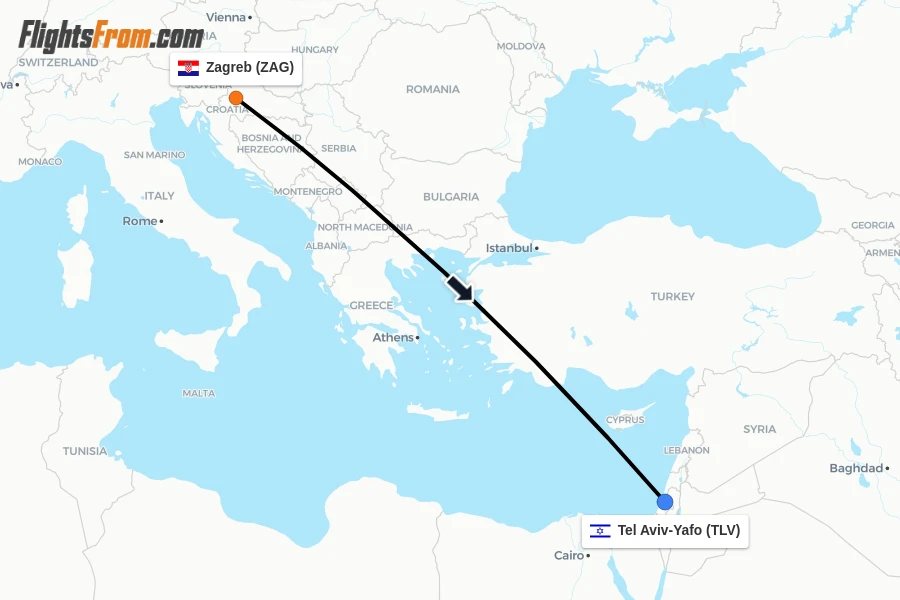 Flights from Zagreb to Tel Aviv-Yafo route map