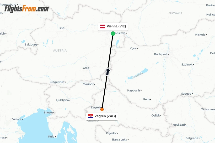 Flights from Zagreb to Vienna route map