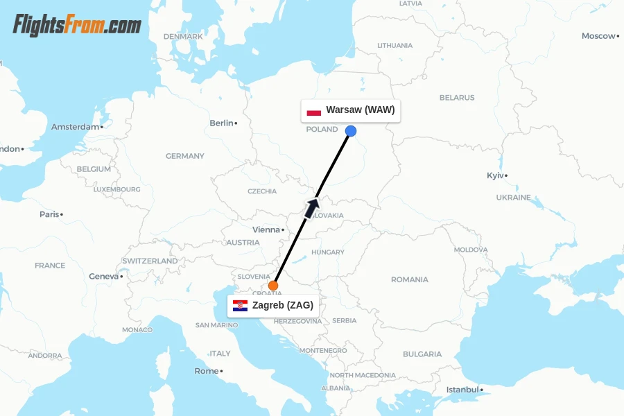 Flights from Zagreb to Warsaw route map