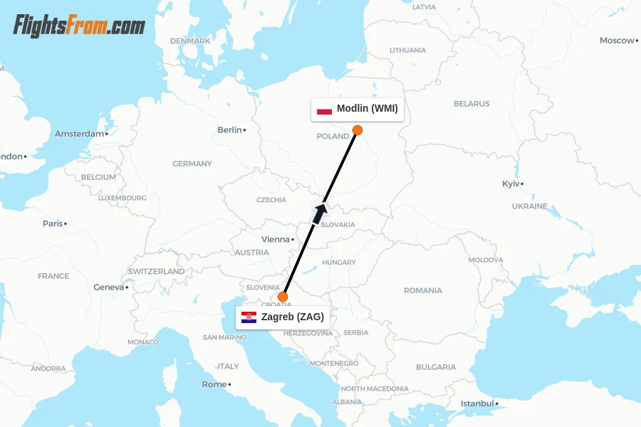 Flights from Zagreb to Modlin route map
