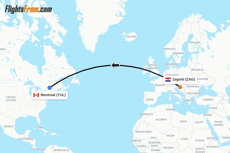 Flights from Zagreb to Montreal route map