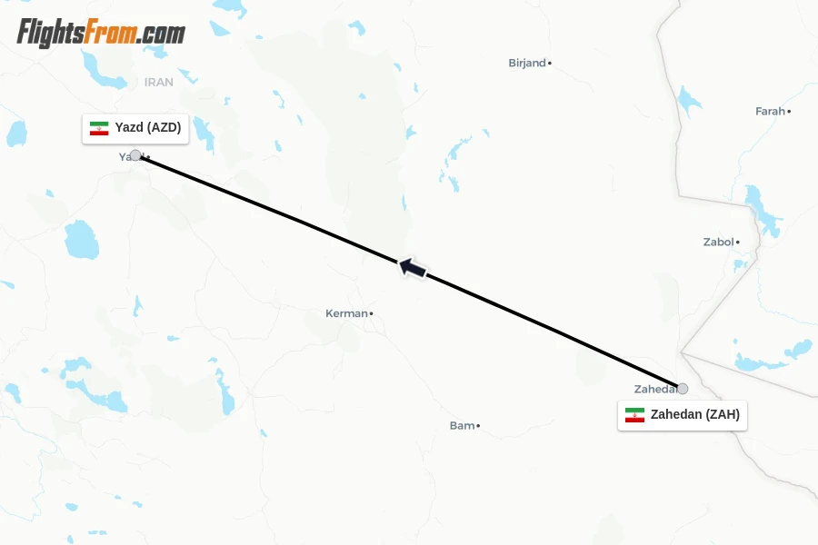 Flights from Zahedan to Yazd route map