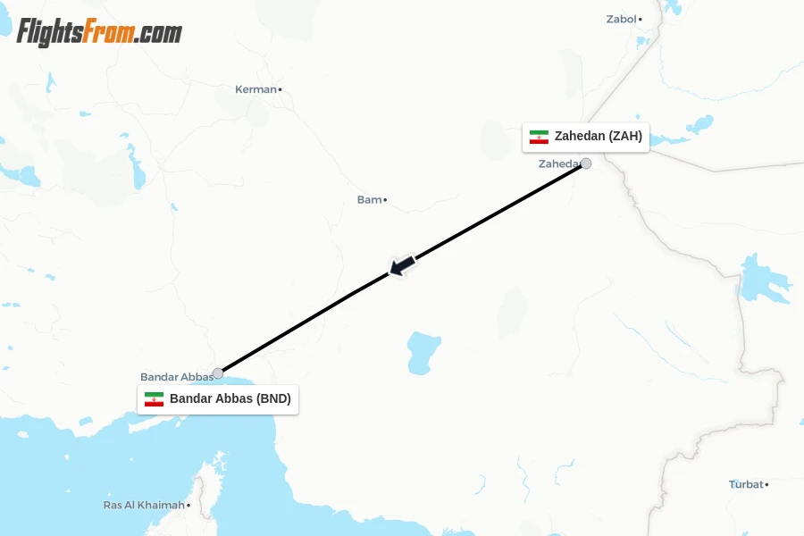 Flights from Zahedan to Bandar Abbas route map
