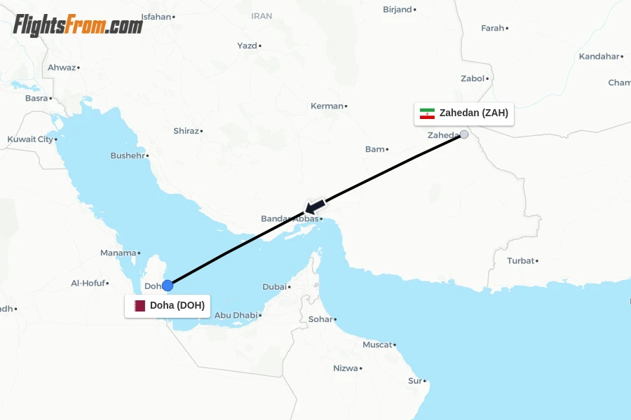 Flights from Zahedan to Doha route map