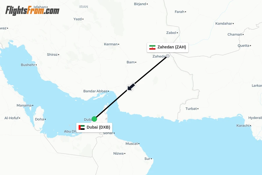 Flights from Zahedan to Dubai route map