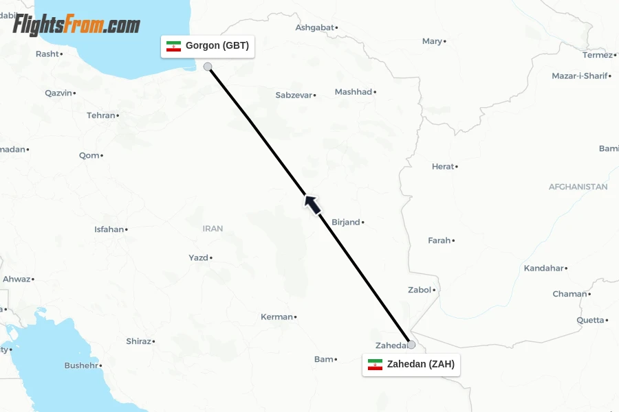 Flights from Zahedan to Gorgon route map